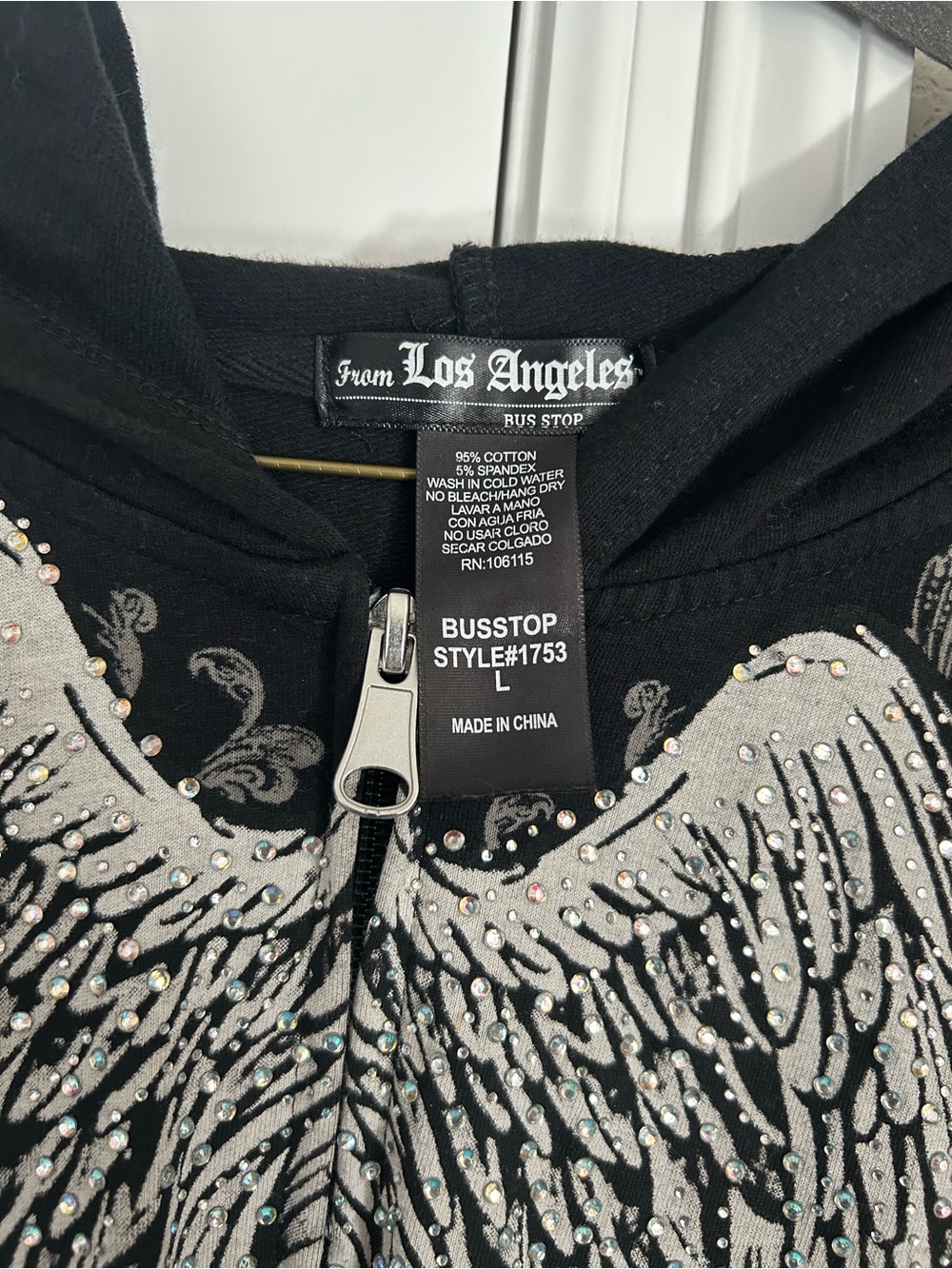 Black Zip Hoodie with White Angel Wing Graphic - Picture 3 of 4